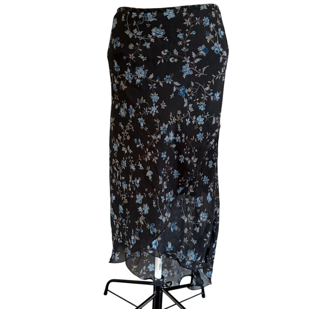 Y2K 2000s Black Blue Floral Maxi Skirt L Whimsigoth Fairy Grunge